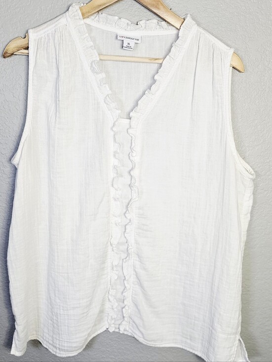 Liz Claiborne Tops - Liz Claiborne White Gauze Ruffle Trim Sleeveless Blouse Top XL Cottagecore Boho